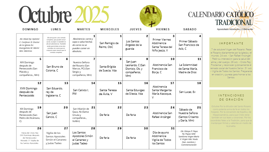 Calendario Católico Tradicional Octubre 2025