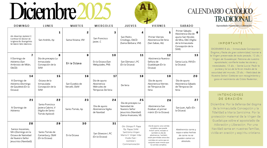 Calendario Católico Tradicional Diciembre 2025