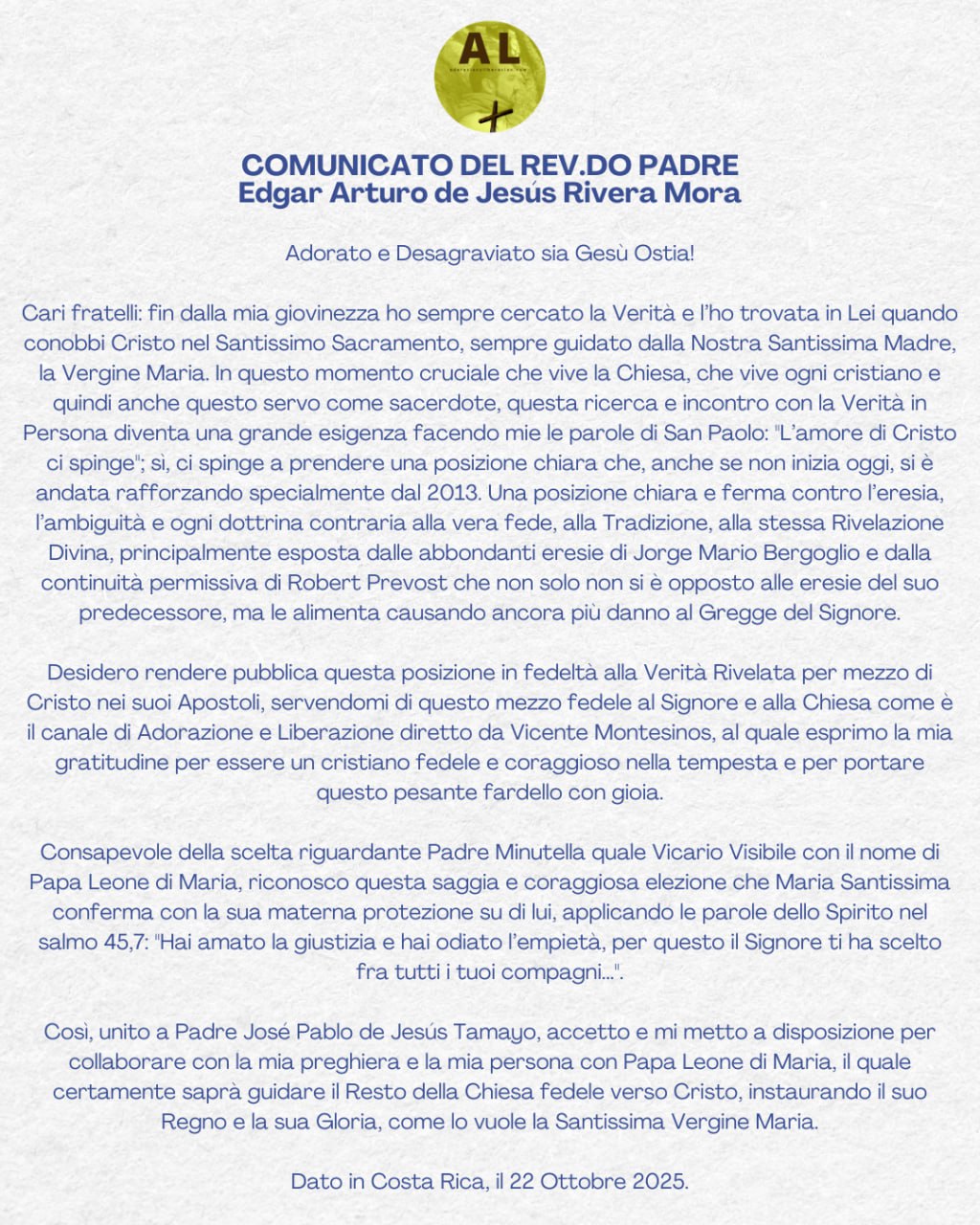 Padre Arturo reconoce a León de María como Papa